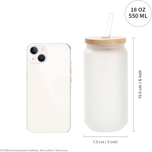 PYD Life 8 Pack Sublimation Glass Cans Blanks Frosted Bulk18 OZ with Bamboo Lid and Clear Glass Straw Beer Cans Wide Mouth Jar Tumbler Cups Mugs for Iced Coffee,Juice,Soda,Drinks,Beer