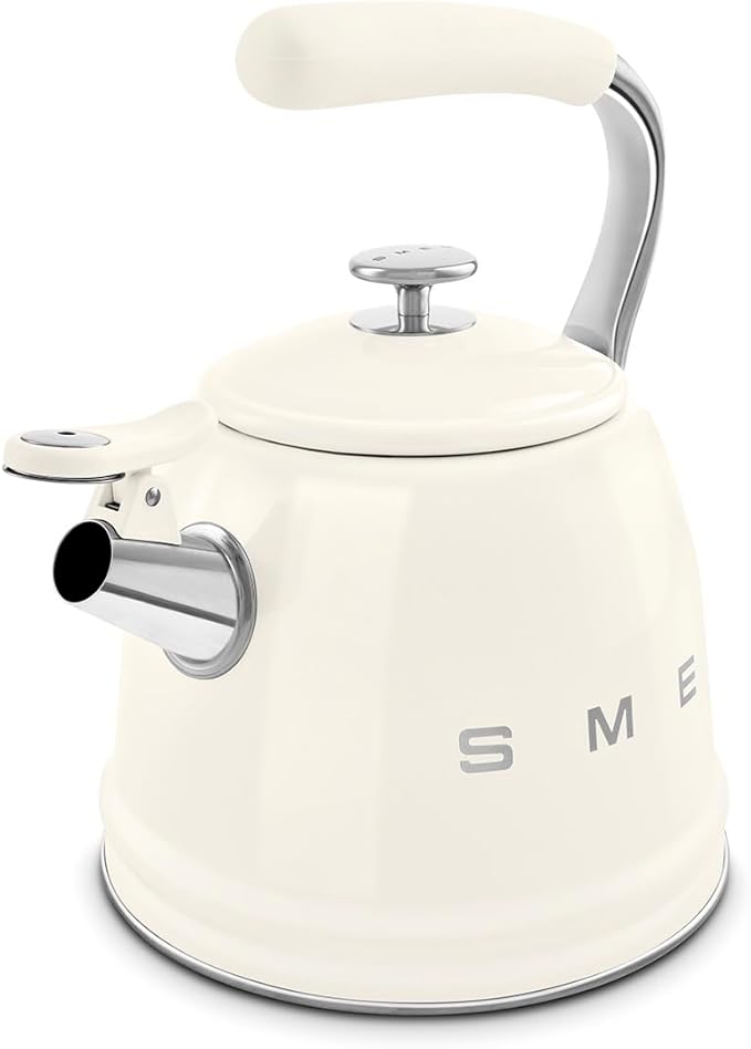 SMEG Stovetop Whistling Kettle – 50s Retro Style, 2.3 Liter (10 Cup / 2.4 Quart) Stainless Steel Tea Kettle with Iconic Design & Whistle – Premium Kitchen Statement Piece-Cream