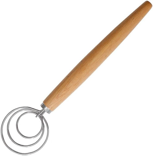 Danish Dough Whisk, 13-Inch Stainless Steel Hook Dutch Hand Mixer with Wooden Handle, Kitchen Tools For Cooking, Sourdough Baking