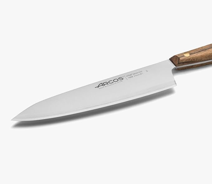 Arcos Chef Knife 8 Inch Stainless Steel. Professional Kitchen Knife for Cooking. Ovengkol Wood Handle 100% natural FSC and 210 mm Blade. Series Nordika