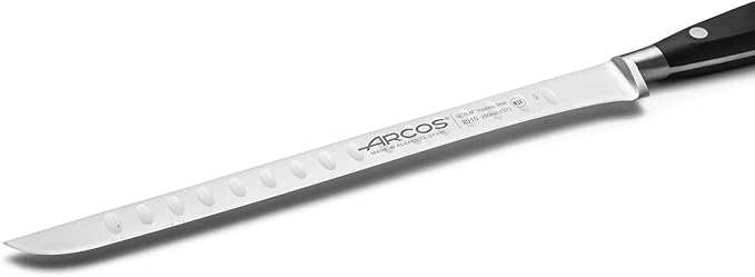 Arcos Knife/Ham Knife 10 Inch Nitrum Stainless Steel and 250 mm blade. Used for or carving various types of food with precision and ease. Series Riviera. Color Black