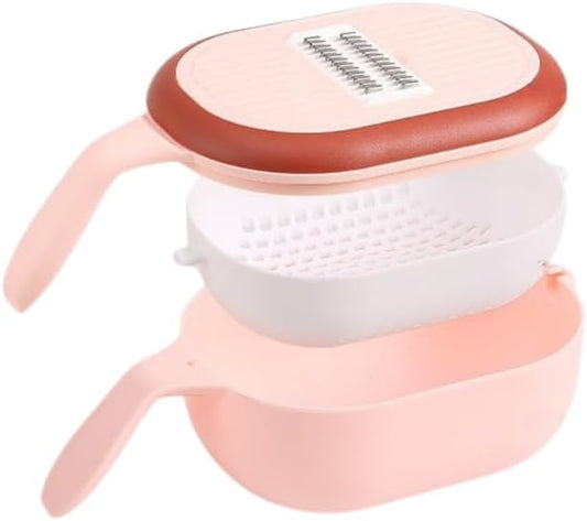 Pink 6-in-1 Vegetable Slicer and Grater with Drain Basket – Multifunctional Kitchen Mandoline Cutter for Slicing, Shredding, Grating – Includes 6 Blades – Wash & Cut Integrated Design