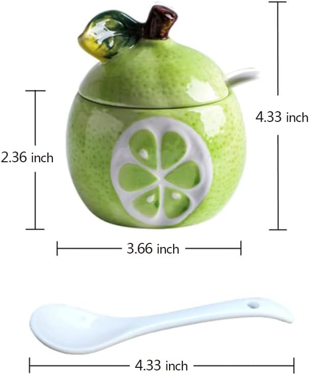 Ceramics Fruit Shaped Sugar Bowl Salt Pot Pepper Storage Jar with Lid and Spoon Seasoning Box Condiment Pots (Green Pomelo)