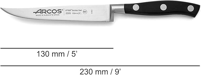 Arcos Knife 130 mm 5 Inch Nitrum Stainless Steel and 130 mm blade. Professional Cooking Knife For Cutting Variety of Foods. Ergonomic Polyoxymethylene POM Handle. Series Riviera. Color Black.