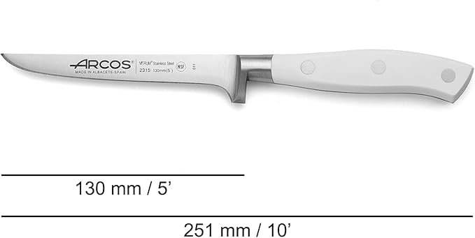 Arcos Boning Knife 5 Inch Nitrum Stainless Steel and 130 mm blade. Professional Butcher Knife to Slice Bones from Meat. Ergonomic Polypropylene Handle. Series Riviera Blanc. Color White