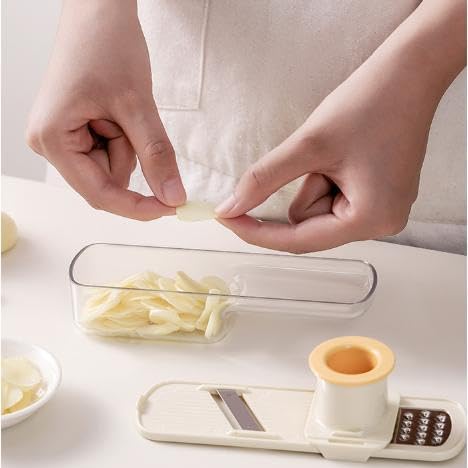 Multifunctional Garlic Grinder, Mini Garlic Slicer, Vegetable Cutter with Container, For Easy Slicing and Grinding, Shredding & MincingGarlic, Ginger & Vegetables (Beige)
