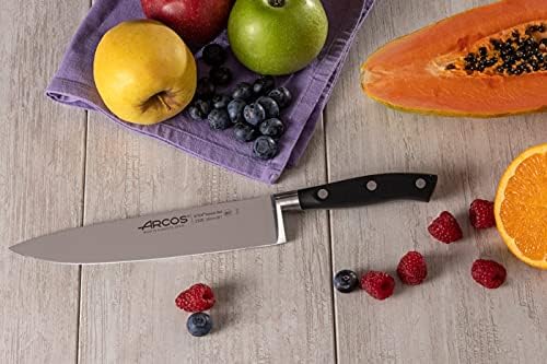 Arcos Forged Chef Knife 8 Inch Stainless Steel. Professional Cooking Knife for Cutting Fish, Meat and Onion. Ergonomic Polyoxymethylene Handle and 200mm Blade. Series Riviera. Color Black