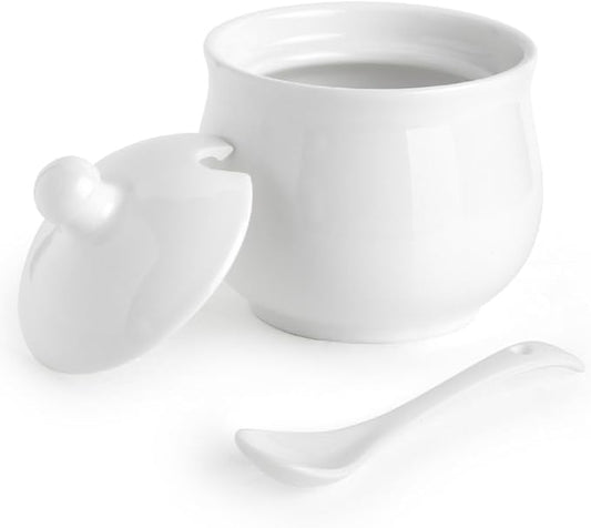 Ceramic Sugar Bowl with Lid and Spoon, Porcelain Salt Storage Jar, White Seasoning Container for Home and Kitchen, 7 Ounces (White)