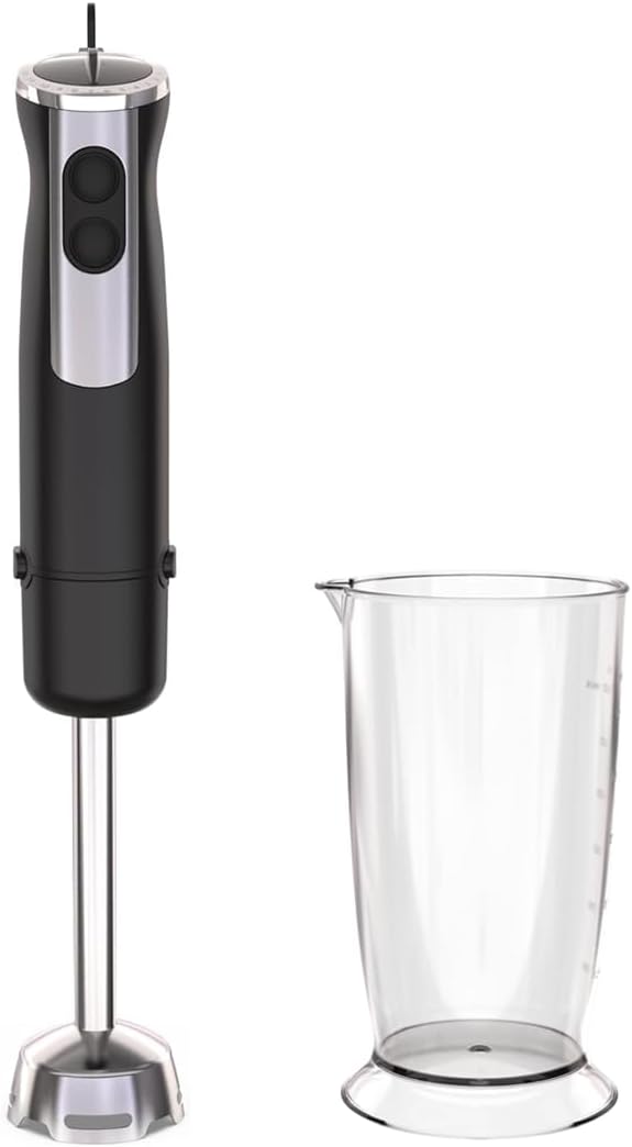 immersion blender, corded electric stick mixer, 1000W dual-speed motor, 12 adjustable speeds, comes with a measuring cup, suitable for baby food, purees, and soups