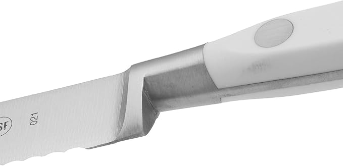 Arcos Forged Knife Serrated 5 Inch Nitrum Stainless Steel and 130 mm blade. Ergonomic Polyoxymethylene POM Handle. Series Riviera Blanc. Color White