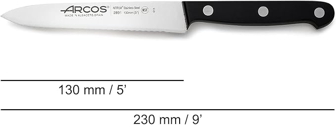 Arcos Paring Knife 5 Inch Stainless Steel. Serrated Tomato Knife for Cutting and Chopping. Ergonomic Polyoxymethylene Handle and 130mm Blade. Series Universal. Color Black