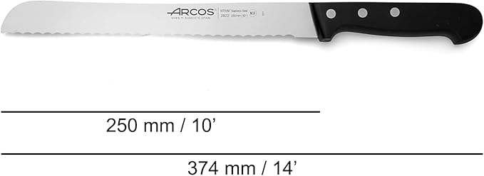 Arcos Bread Knife 10 Inch Nitrum Stainless Steel and 250 mm blade. Obtain a great variety of cuts for your food. Ideal knife for daily domestic use. Series Universal. Color Black.