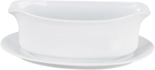 HIC Kitchen Gravy Boat With Attached Saucer, Fine Porcelain, 18-Ounce Capacity For Gravy, Sauce, Au Jus, Dressing, Holiday Meals, And Entertaining