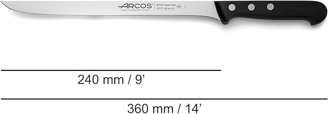 ARCOS Slicing Set 3 Pieces Nitrum Stainless Steel and mm blade. Ergonomic Polyoxymethylene POM Handle. Series Universal. Long, sturdy blade and serrated edge and serrated edge easily cuts. Color Black