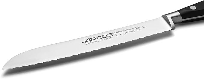 Arcos Bread Knife 8 Inch Nitrum Stainless Steel and 200 mm blade. Obtain a great variety of cuts for your food Ideal knife for daily domestic use. Series Riviera. Color Black.
