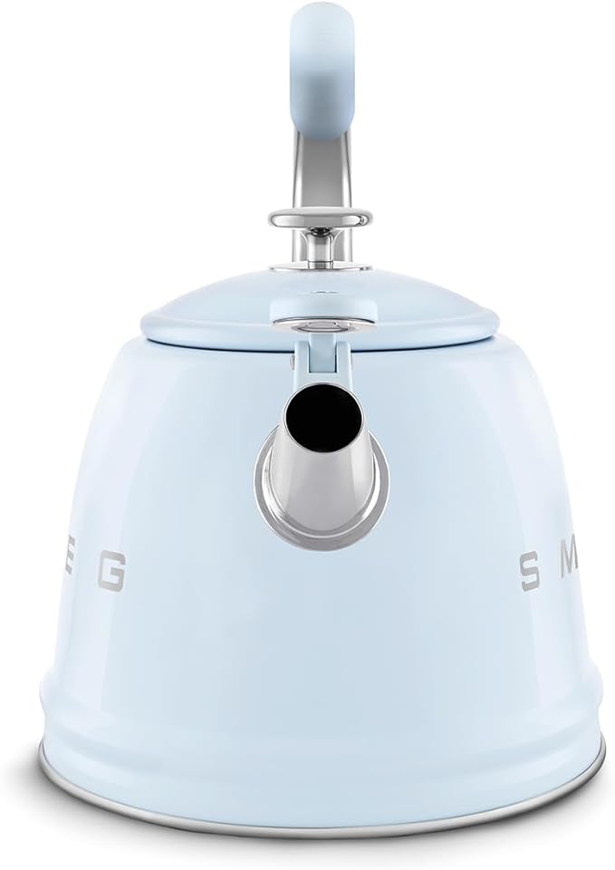 SMEG Stovetop Whistling Kettle – 50s Retro Style, 2.3 Liter (10 Cup / 2.4 Quart) Stainless Steel Tea Kettle with Iconic Design & Whistle – Premium Kitchen Statement Piece-Pastel Blue
