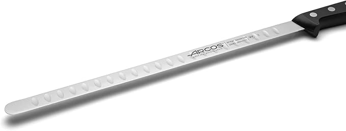 Arcos Salmon Knife/Fish Knife 11 Inch Nitrum Stainless Steel and 290 mm blade. Ergonomic Polyoxymethylene POM Handle. Series Universal. Long, sturdy blade and serrated edge. Easily cuts. Color Black