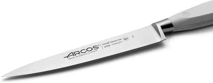 Arcos Sole Knife/Fish Knife 7 Inch Nitrum Stainless Steel and 170 mm blade. Ergonomic Polyoxymethylene POM Handle. Series Riviera Blanc. Thin blade with a characteristic smooth edge. Color White.