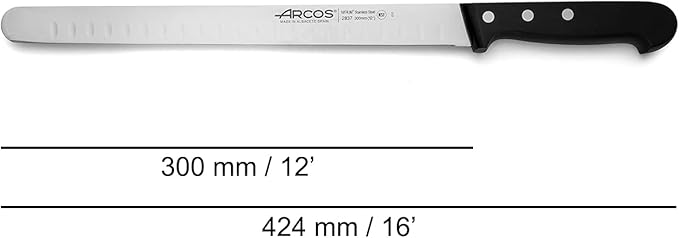 Arcos Salmon Knife/Fish Knife 300 mm 12 Inch - Nitrum Stainless Steel and 300 mm blade. 250 gr. Ergonomic Polyoxymethylene POM Handle. Series Universal. Flexible blade. Greater control. Color Black.