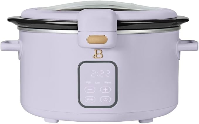 Beautiful by Drew 4.0-Quart Programmable Slow Cooker with Hinged Lid, Digital Timer, Keep Warm Function, Removable Stoneware Pot, Stainless-Steel Accents (Lavander)