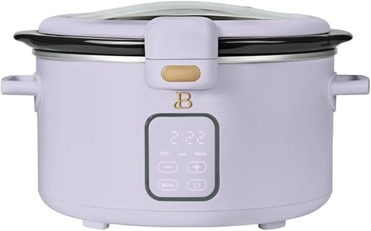 Beautiful by Drew 4.0-Quart Programmable Slow Cooker with Hinged Lid, Digital Timer, Keep Warm Function, Removable Stoneware Pot, Stainless-Steel Accents (Lavander)