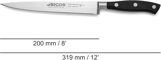 Arcos Knife 8 Inch Nitrum Stainless Steel and 200 mm blade. Sharp Knife to Meat and Fish. Ergonomic Polyoxymethylene POM Handle. Series Riviera. Color Black