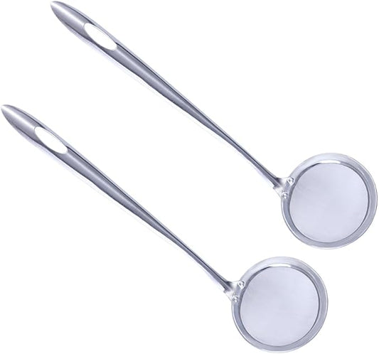 Vctitil 2 Pcs 2.9inch Fine Mesh Food Strainer Stainless Steel Skimmer Spoon Hot Pot Fat Strainer with Long Handle for Skimming Grease and Foam,9.64inch Long