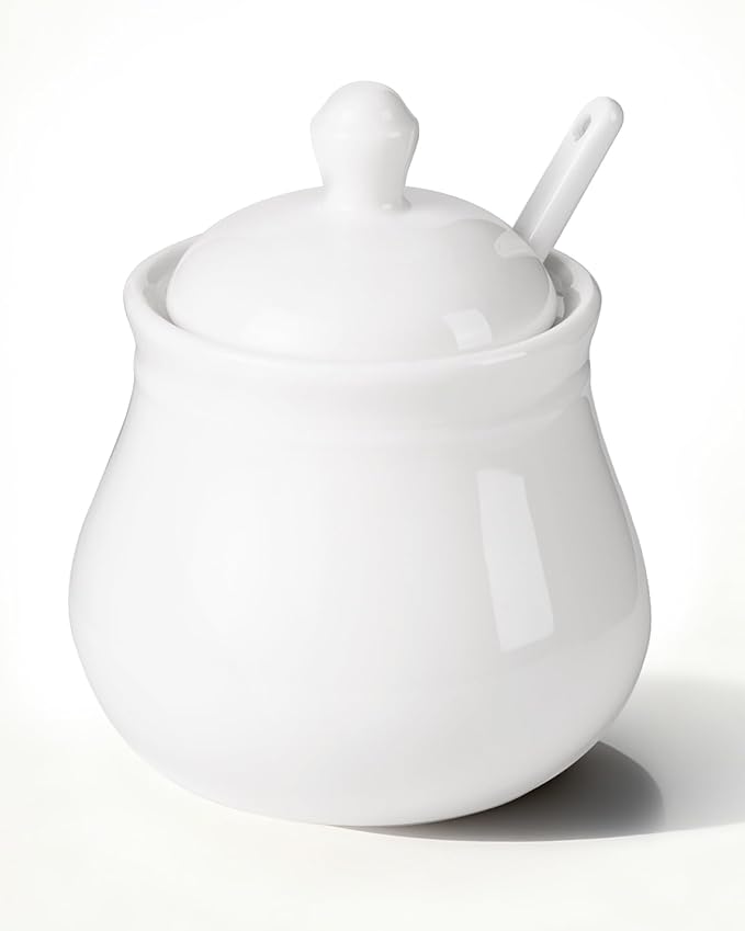 Ceramic Sugar Bowl with Lid and Spoon, 11Oz Sugar Container for Coffee Bar, Sugar Jar/Dispenser, White