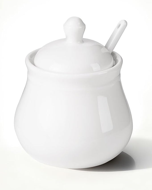 Ceramic Sugar Bowl with Lid and Spoon, 11Oz Sugar Container for Coffee Bar, Sugar Jar/Dispenser, White