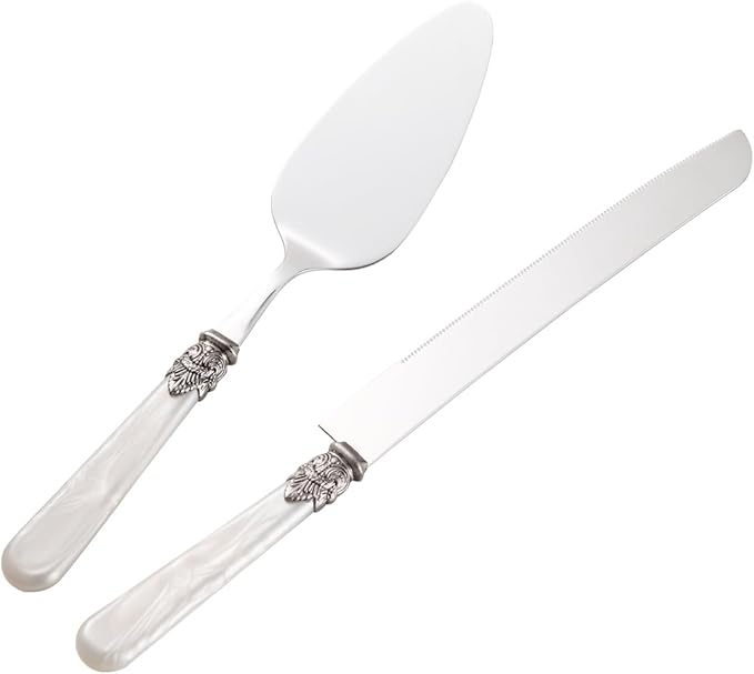 XIAOCORI 2-piece Cake Knife and Serve Set, Fancy Hand Craft Italian Design, Vintage Pie Knife Server Set with Handle, Cake Cutter Set (White)
