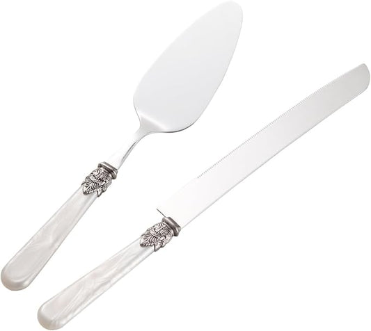 XIAOCORI 2-piece Cake Knife and Serve Set, Fancy Hand Craft Italian Design, Vintage Pie Knife Server Set with Handle, Cake Cutter Set (White)