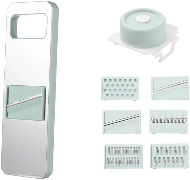 Adjustable Mandoline Food Slicer for Kitchen, Hand Safe Vegetable Shredder with 6 Blades, Vegetable, Potato,Carrot, Onion Stainless Steel Cutter with Anti Slip Pad, Hand Protector (Mint Green, 6
