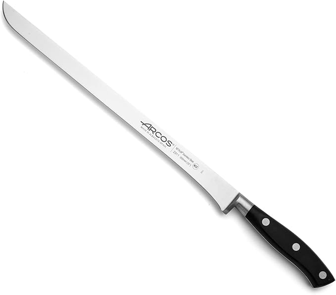 Arcos Knife/Ham Knife 12 Inch Nitrum Stainless Steel and 300 mm blade. Ergonomic Polyoxymethylene POM Handle.Series Riviera. Elegant design, along with the comfort of its handle. Color Black