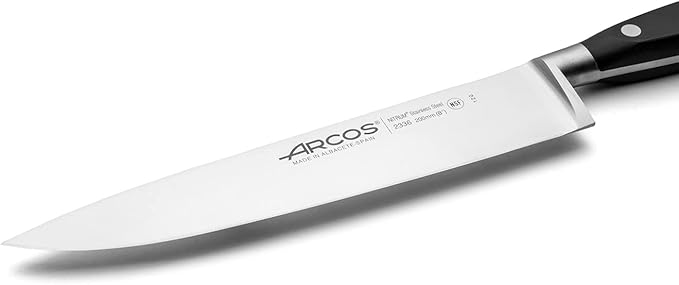 Arcos Forged Chef Knife 8 Inch Stainless Steel. Professional Cooking Knife for Cutting Fish, Meat and Onion. Ergonomic Polyoxymethylene Handle and 200mm Blade. Series Riviera. Color Black