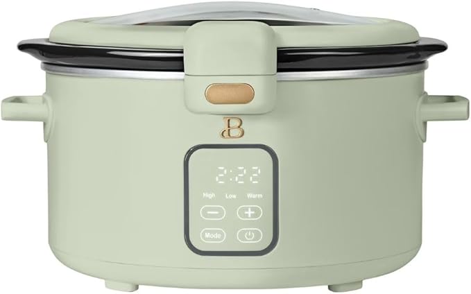 Beautiful by Drew 4.0-Quart Programmable Slow Cooker with Hinged Lid, Digital Timer, Keep Warm Function, Removable Stoneware Pot, Stainless-Steel Accents (Sage Green)