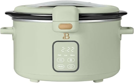 Beautiful by Drew 4.0-Quart Programmable Slow Cooker with Hinged Lid, Digital Timer, Keep Warm Function, Removable Stoneware Pot, Stainless-Steel Accents (Sage Green)