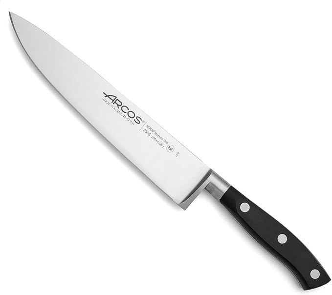 Arcos Forged Chef Knife 8 Inch Stainless Steel. Professional Cooking Knife for Cutting Fish, Meat and Onion. Ergonomic Polyoxymethylene Handle and 200mm Blade. Series Riviera. Color Black
