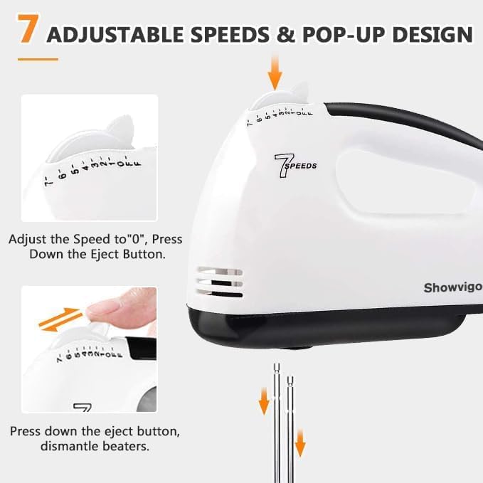 Showvigor 7-Speed Electric Hand Mixer with 5 Stainless Steel Accessories, Eject Button Handheld Whisk Food Beaters for Blending or Cooking, Dishwasher Safe, Off-white