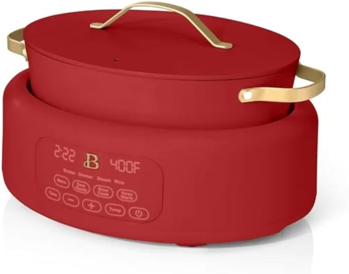 Beautiful 10-in-1 Electric Multi-Cooker by Drew Barrymore, 6-quart, digital display, 10 cooking functions, non-stick pot, easy one-touch control (Tomato Red)