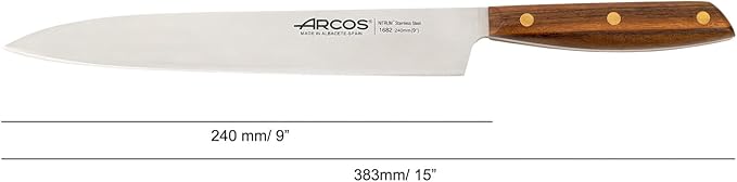 Arcos Yanagiba Knife 9.5 Inch Stainless Steel. Japanese Kitchen Knife for Fish, Meat and Vegetables. Ovengkol Wood Handle 100% natural FSC and 240mm Blade. Series Nordika. Color Brown.
