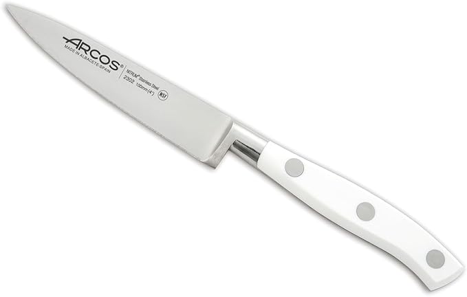 Arcos Forged Knife 4 Inch Stainless Steel. Kitchen Knife for Peeling Fruits and Vegetables. Ergonomic Polyoxymethylene Handle and 100mm Blade. Series Riviera Blanc. Color White