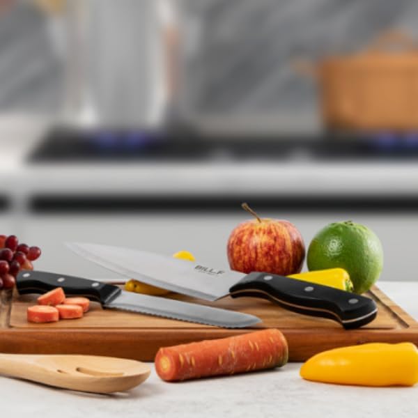 Wood Kitchen Set Knife Set for Kitchen with Block Stainless Steel Knives 16 Pcs and Cutting Board with Groove,Black Handles and Sharp Stainless Steel Professional Chef Knife Set