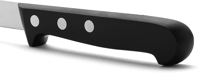 Arcos Salmon Knife/Fish Knife 11 Inch Nitrum Stainless Steel and 290 mm blade. Ergonomic Polyoxymethylene POM Handle. Series Universal. Long, sturdy blade and serrated edge. Easily cuts. Color Black