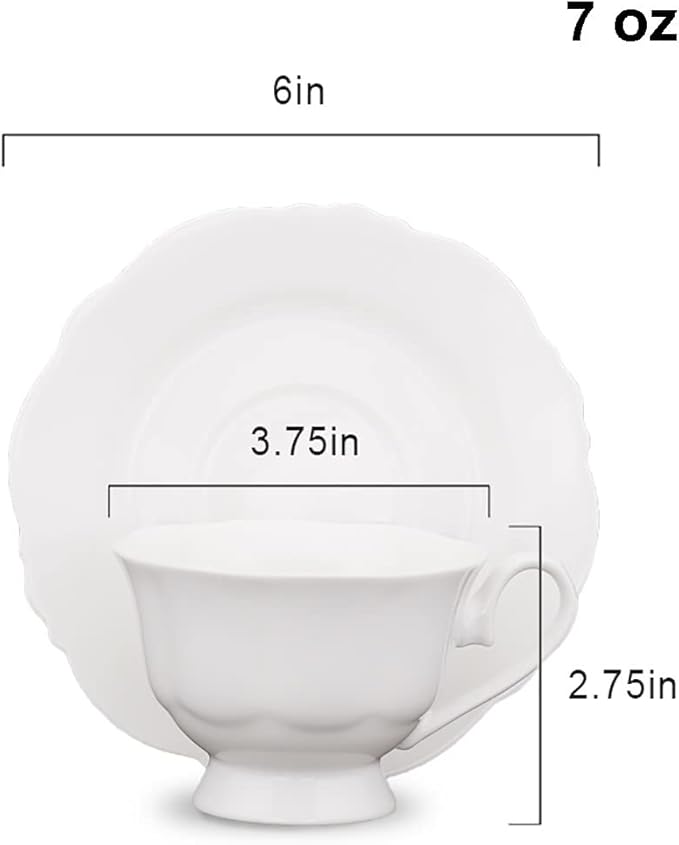 Fine China White Coffee Teacup and Saucer Sets, Set of Four