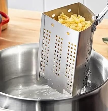 5 Qt. Stainless Steel Pasta Strainer Basket Wedge Inset with Black PVC Handle – Perforated 22 Gauge Steel, Fits 13 15/16”+ Pots, Individual Portion Cooking for Pasta, Vegetables & Seafood (1)