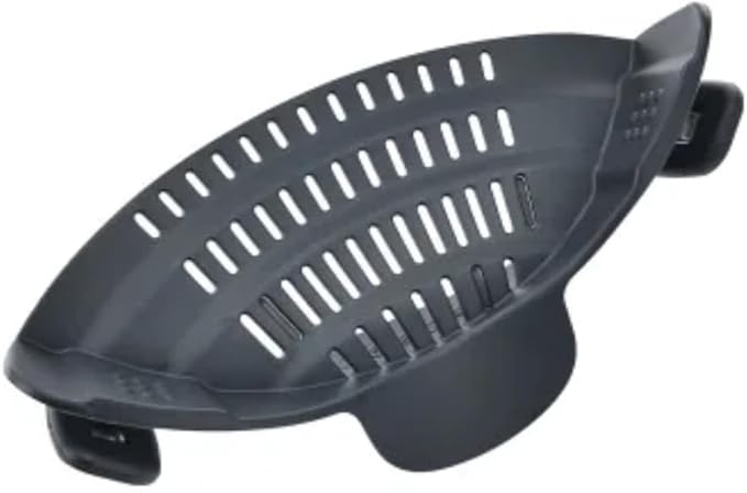 Clip‑On Pot Strainer Silicone Black Dishwasher‑Safe Side‑Mount Design 9.4×4.6×2.5 Inches | Snap Drain Colander for Pans Bowls Skillets | Heat‑Resistant Kitchen Gadget Splash‑Guard