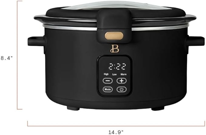 Beautiful by Drew 4.0-Quart Programmable Slow Cooker with Hinged Lid, Digital Timer, Keep Warm Function, Removable Stoneware Pot, Stainless-Steel Accents (Black)