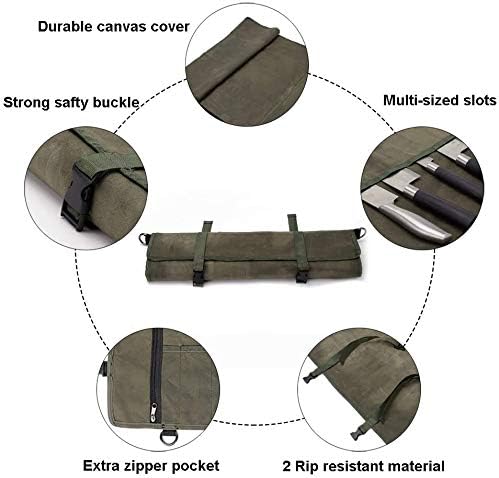 Chef’s Knife Roll Bag,Waxed Canvas Knife Cultery Carrier, Portable Chef Knife Cases,Knife Pouch Holders With 10 Slots Plus 1 Zipper Pockets Can Hold Home Kitchen Knife Tools Up To 18.8”