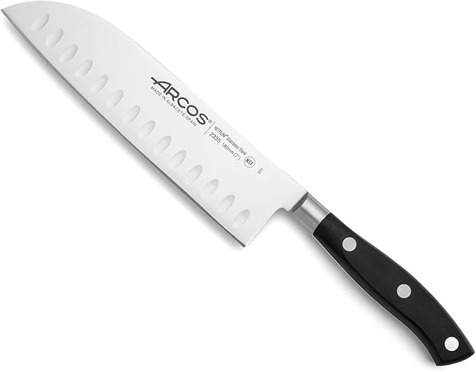Arcos Knife 7 Inch Stainless Steel. Japanese Professional Kitchen Knife for Cutting Meat, Fish and Vegetables. Ergonomic Polyoxymethylene Handle and 180mm Blade. Series Riviera. Color Black.