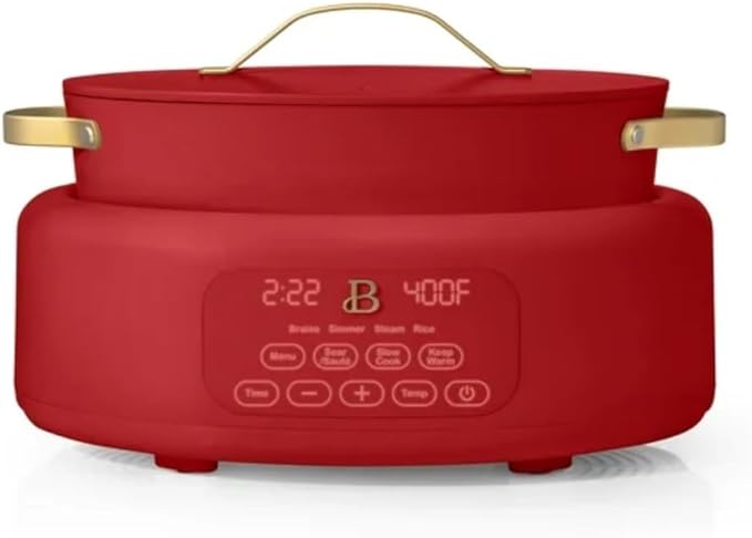 Beautiful 10-in-1 Electric Multi-Cooker by Drew Barrymore, 6-quart, digital display, 10 cooking functions, non-stick pot, easy one-touch control (Tomato Red)